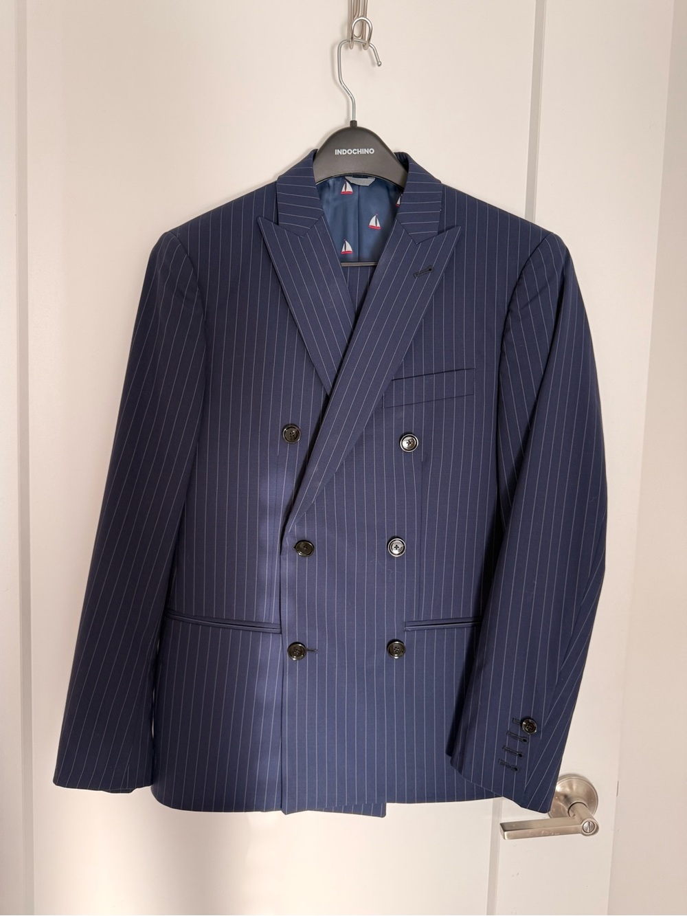 Indochino Men’s Navy Pinstripe Double-Breasted Suit Jacket